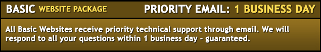 Basic package. Priority email support of 1 business day. All basic websites receive priority technical support through email. We will respond to all your questions within 1 business day - guaranteed.